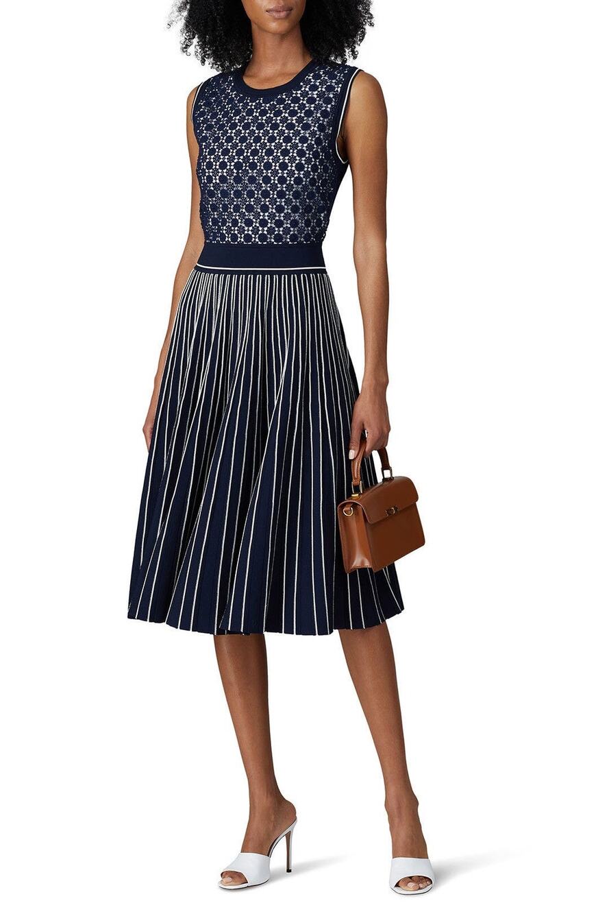 Tory Burch Navy Blue Sleeveless Pleated Knit Crewneck Midi Sweater Dress Size XS